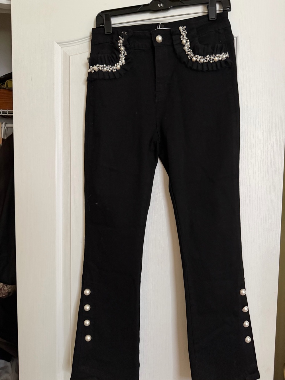 OO LAKA Black Boot-Cut Pants with Pearl Trim
